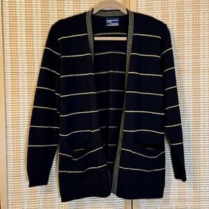Avon Womens M Cardigan Black Gold Stripes Pockets Grannycore Office Retro Career